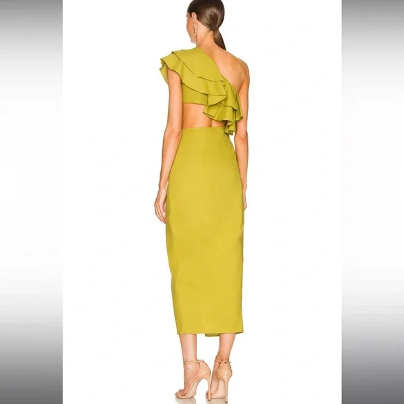 NWT Yaura Titi Green Linen Blend Ruffle Cutout Midi Dress Size 4 Small - Picture 3 of 10